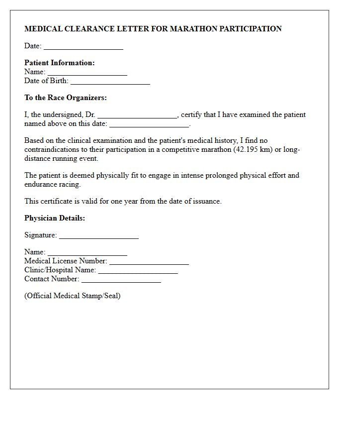 Standard Marathon Participation Medical Clearance Letter