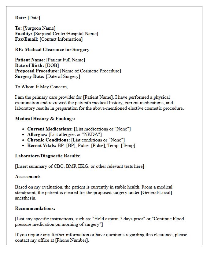 Standard Cosmetic Surgery Medical Clearance Letter