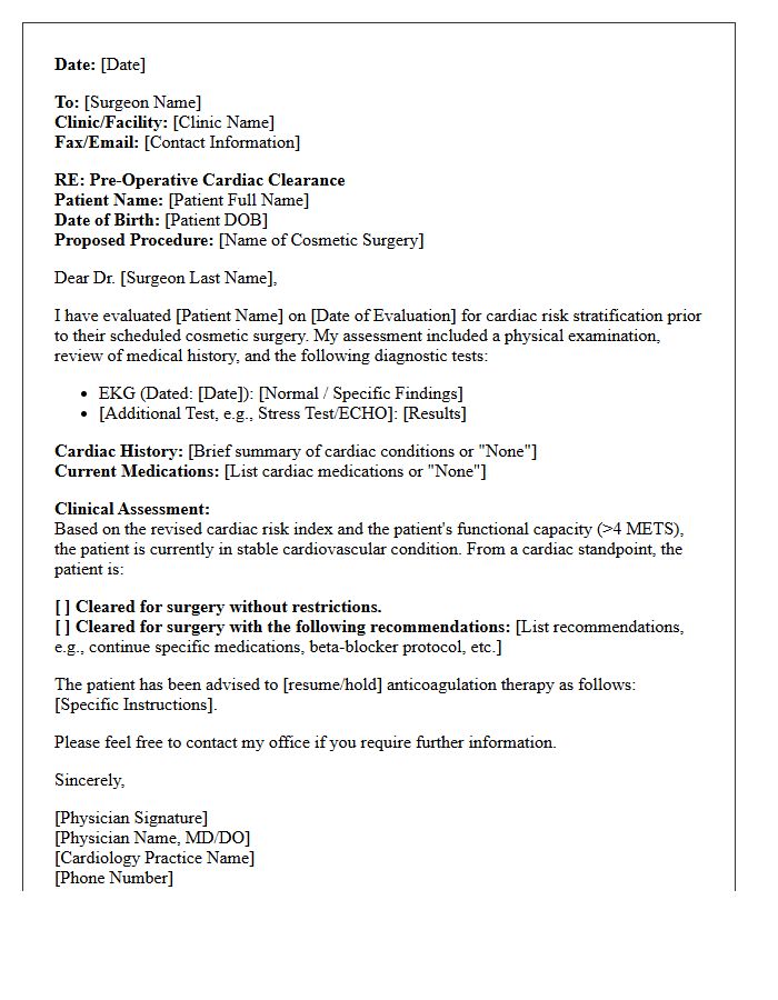 Pre-Operative Cardiac Clearance Letter for Cosmetic Surgery