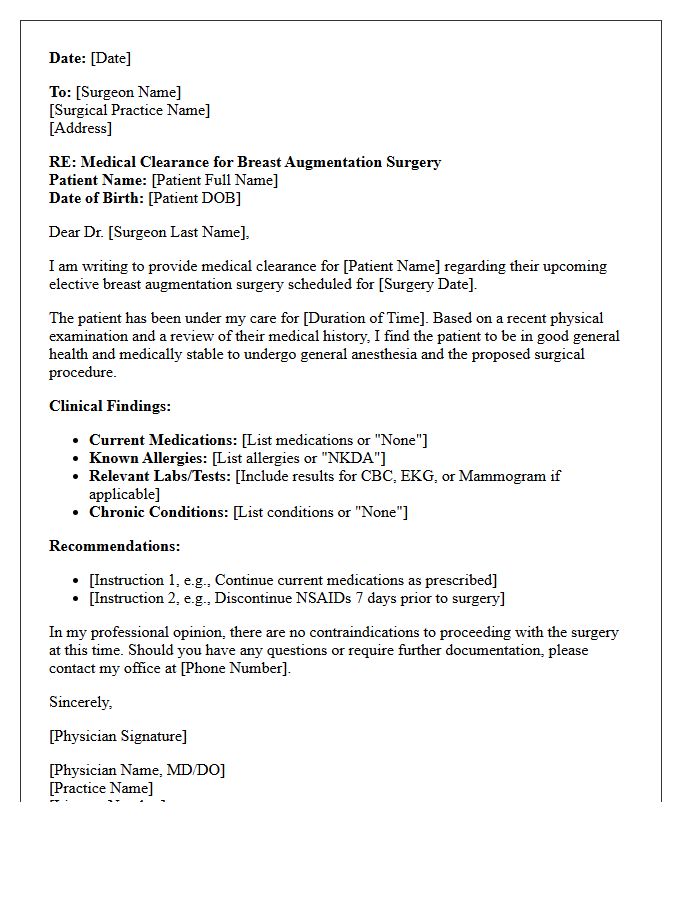 Breast Augmentation Health Clearance Letter