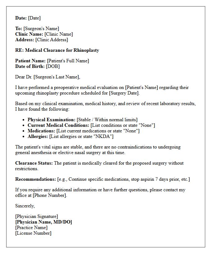 Rhinoplasty Medical Evaluation Clearance Letter