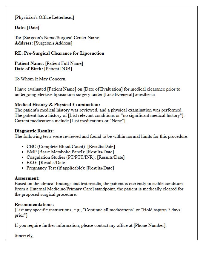 Liposuction Pre-Surgical Clearance Letter