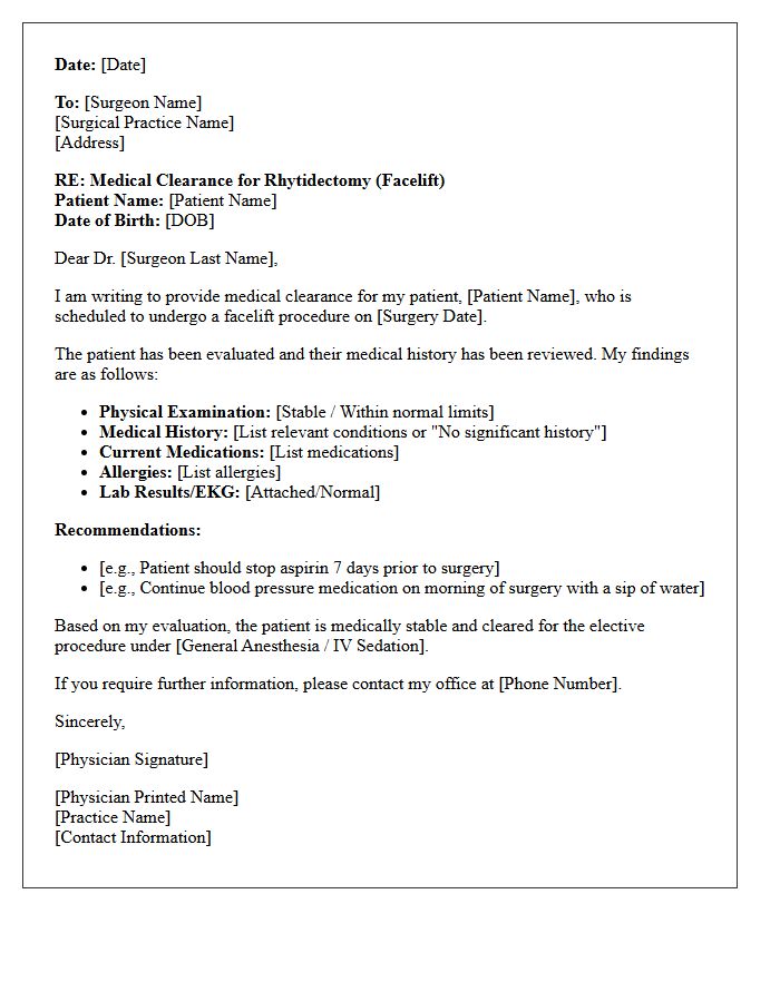 Facelift Pre-Operative Medical Clearance Letter