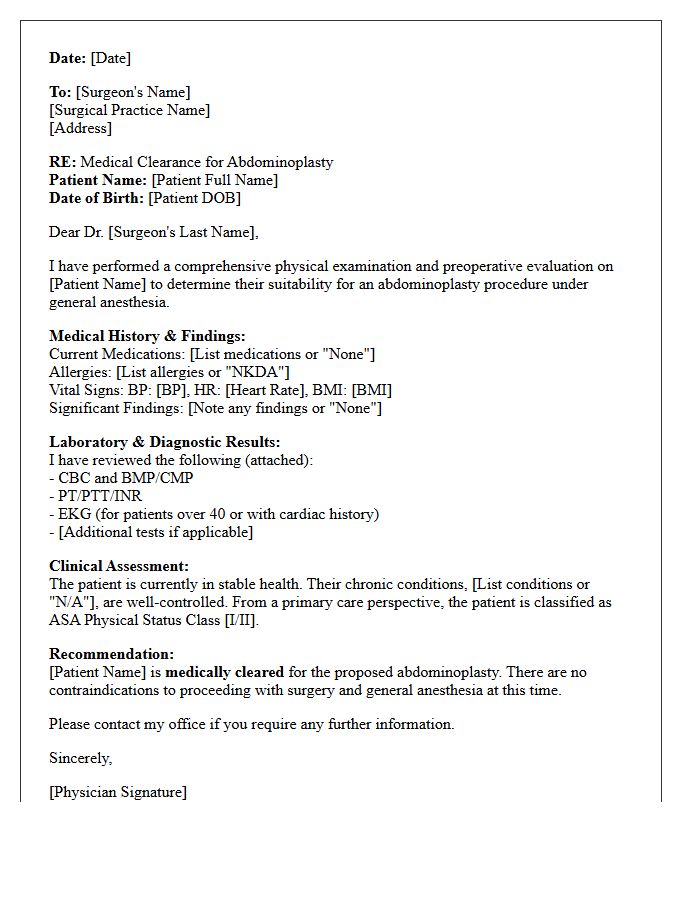 Abdominoplasty Physical Examination Clearance Letter
