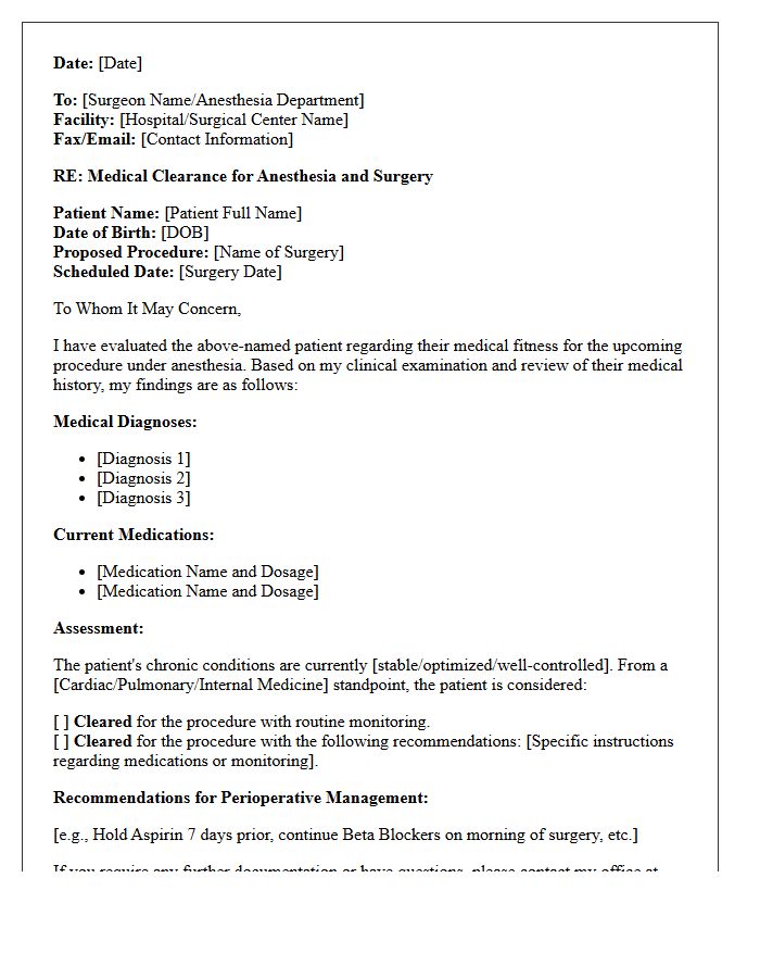 Anesthesia Fitness and Medical Clearance Letter