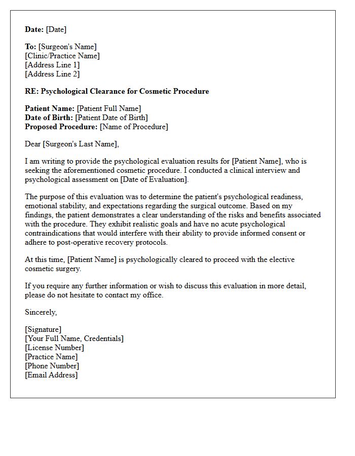 Psychological Evaluation Clearance Letter for Cosmetic Procedure