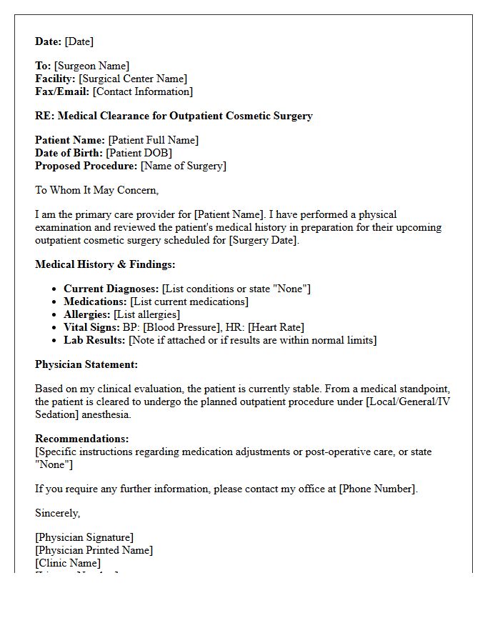 Medical Clinic Clearance Letter for Outpatient Cosmetic Surgery