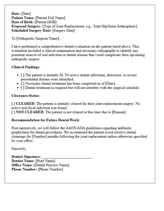 Orthopedic Joint Replacement Dental Procedure Medical Clearance Letter