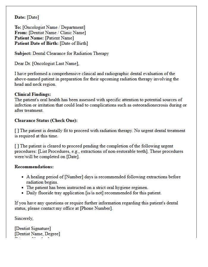 Oncology Radiation Dental Procedure Medical Clearance Letter