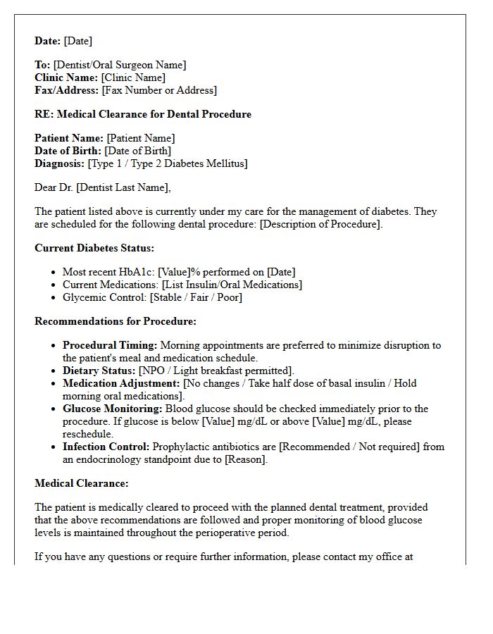 Endocrinology Diabetic Dental Procedure Medical Clearance Letter