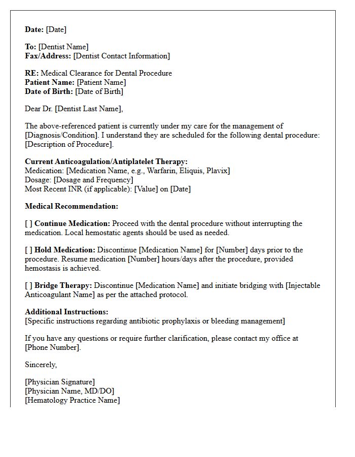 Hematology Anticoagulant Dental Procedure Medical Clearance Letter