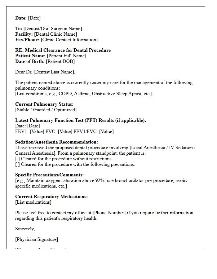 Pulmonology Sedation Dental Procedure Medical Clearance Letter