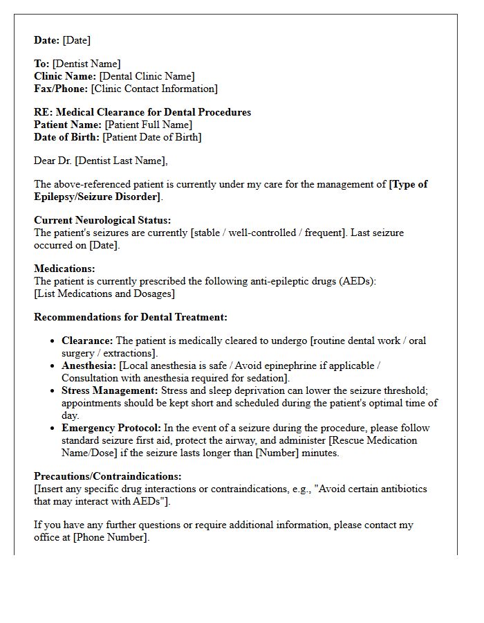 Neurology Epilepsy Dental Procedure Medical Clearance Letter