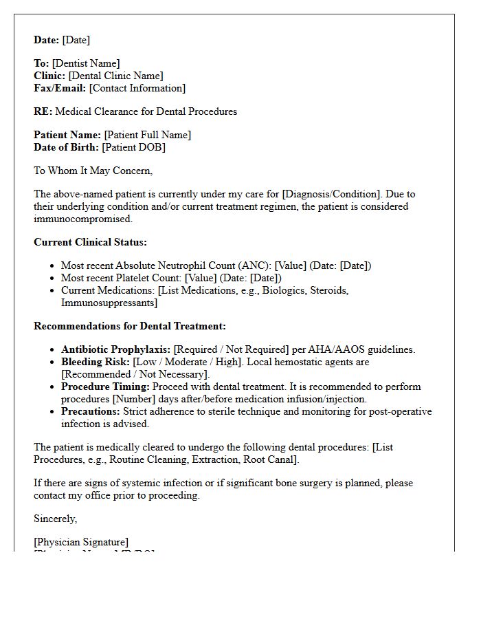 Immunology Immunocompromised Dental Procedure Medical Clearance Letter