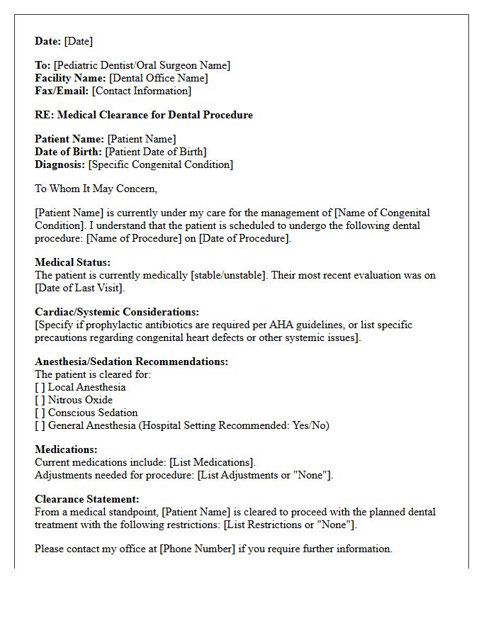 Pediatric Congenital Dental Procedure Medical Clearance Letter