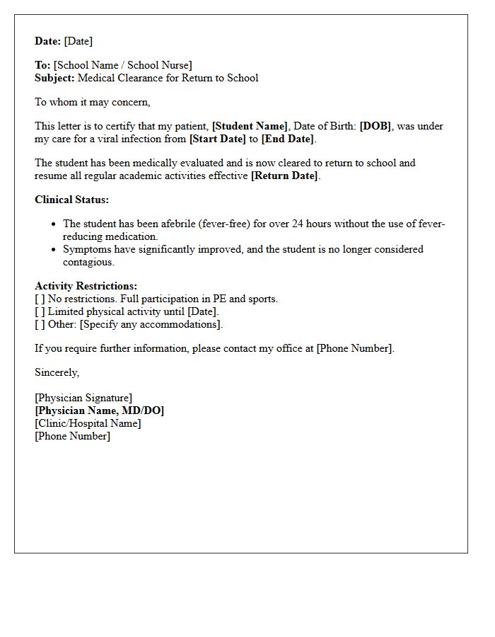 Post-Viral Infection Return to School Medical Clearance Letter