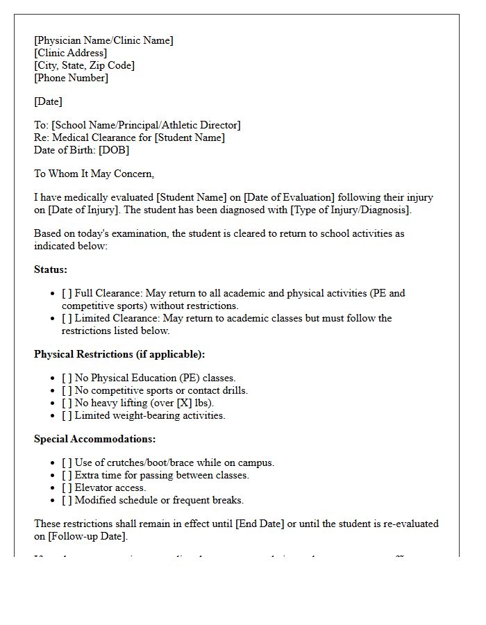 Sports Injury Return to School Medical Clearance Letter