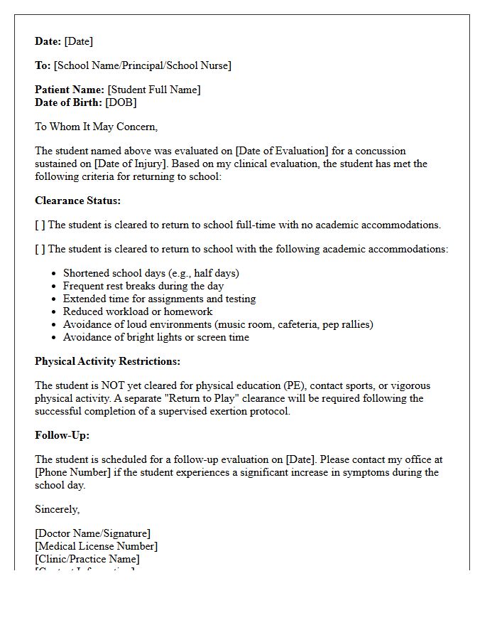 Concussion Protocol Return to School Medical Clearance Letter