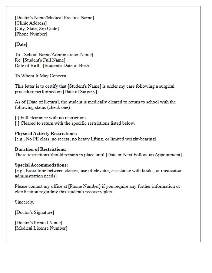 Post-Surgical Return to School Medical Clearance Letter