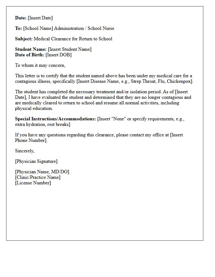 Contagious Disease Recovery Return to School Medical Clearance Letter