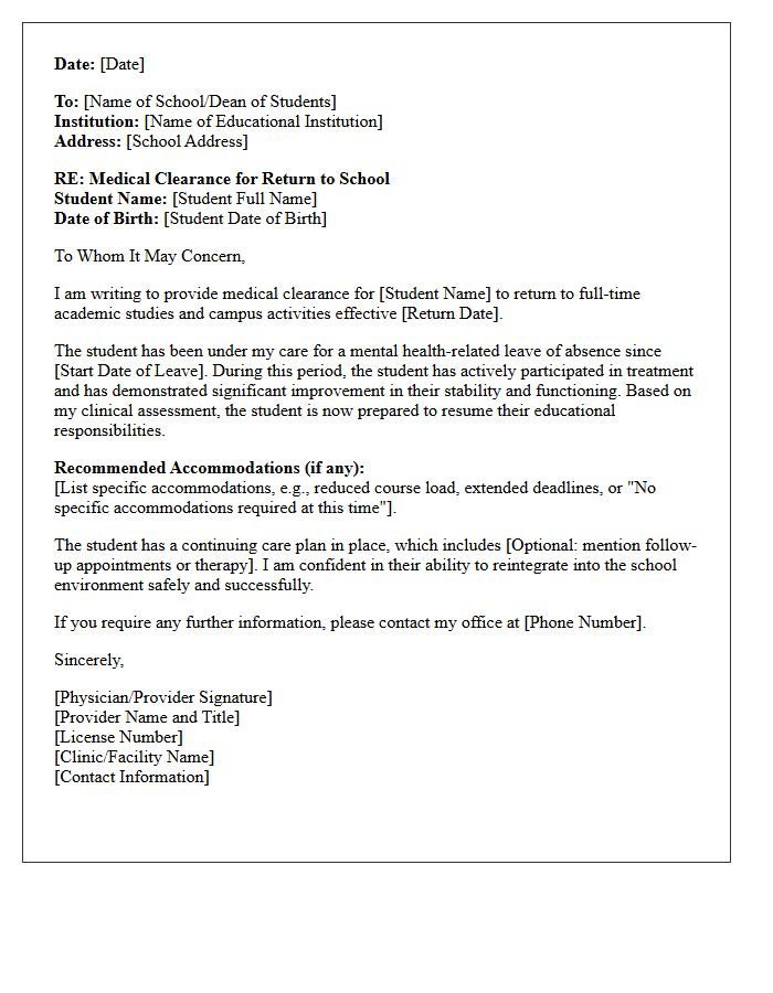 Mental Health Leave Return to School Medical Clearance Letter