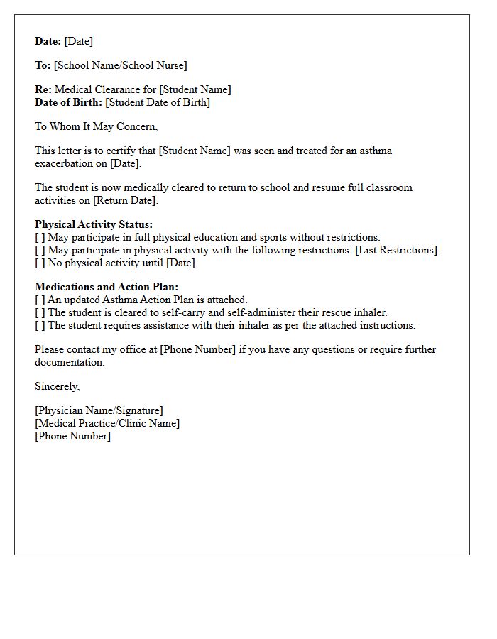 Asthma Exacerbation Return to School Medical Clearance Letter