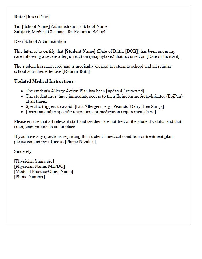 Severe Allergy Recovery Return to School Medical Clearance Letter