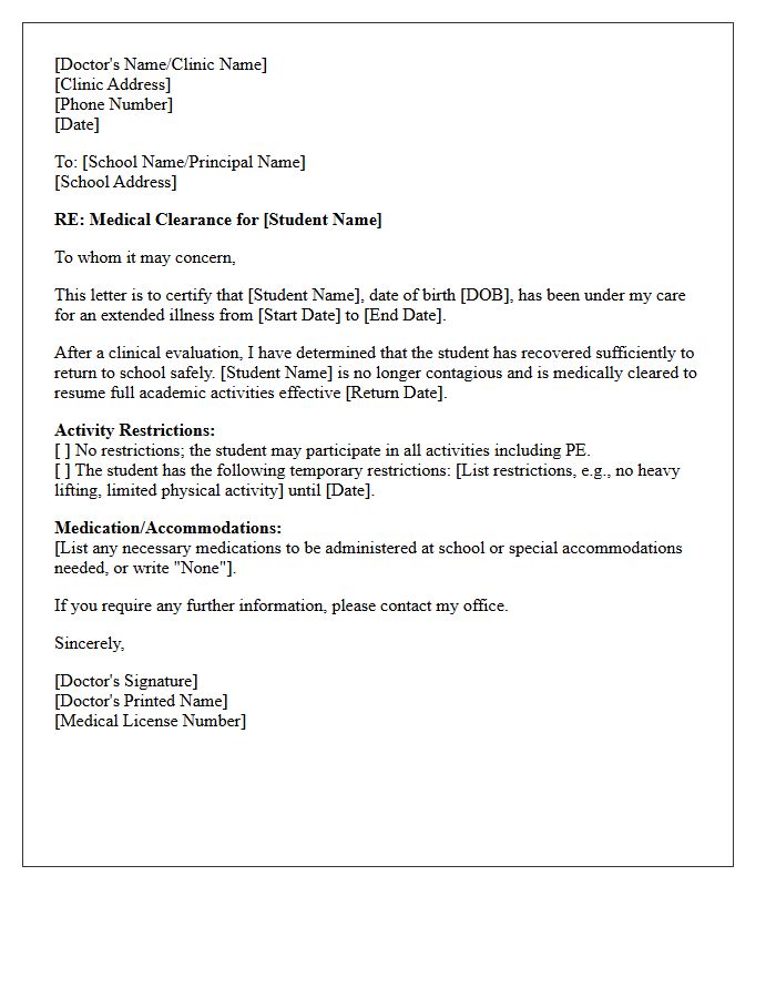 Extended Illness Return to School Medical Clearance Letter