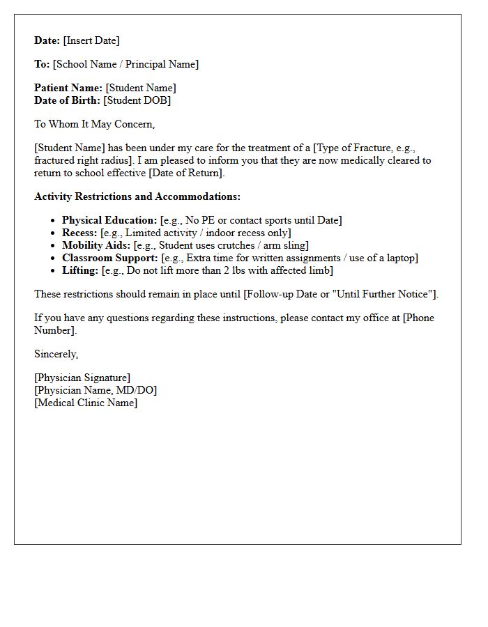 Fracture Recovery Return to School Medical Clearance Letter