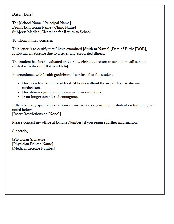 Fever Absence Return to School Medical Clearance Letter