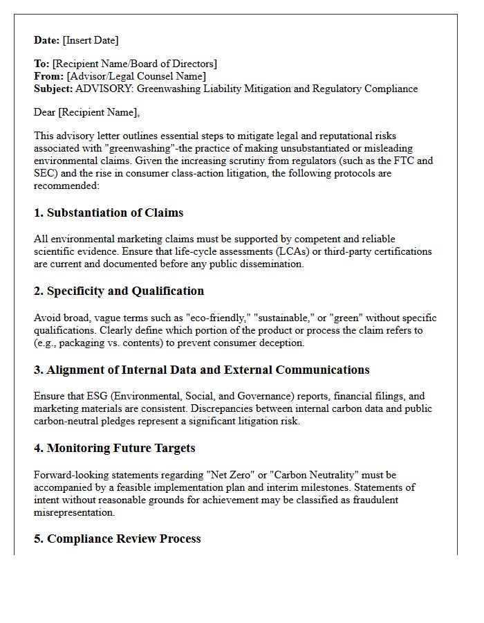 Greenwashing Liability Mitigation Advisory Letter