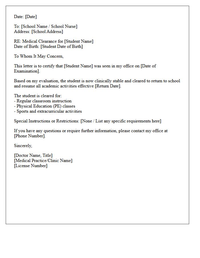 General Health Return to School Medical Clearance Letter