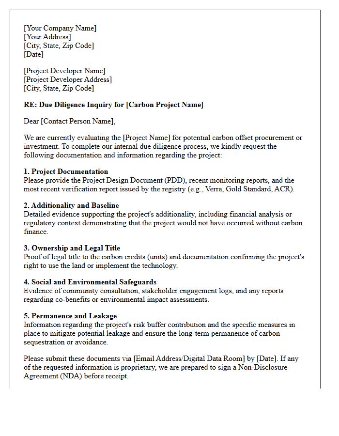 Carbon Offset Project Due Diligence Letter
