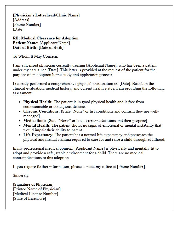 Comprehensive Adoption Medical Clearance Letter