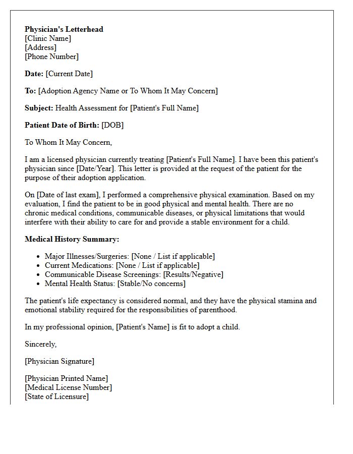 Prospective Adoptive Parent Health Assessment Letter