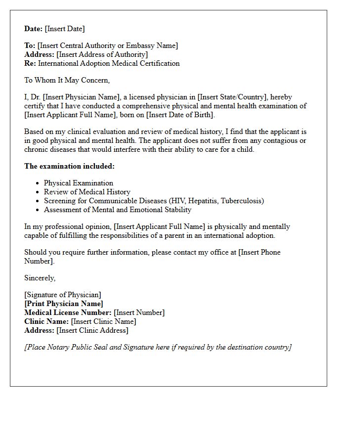 International Adoption Medical Certification Letter