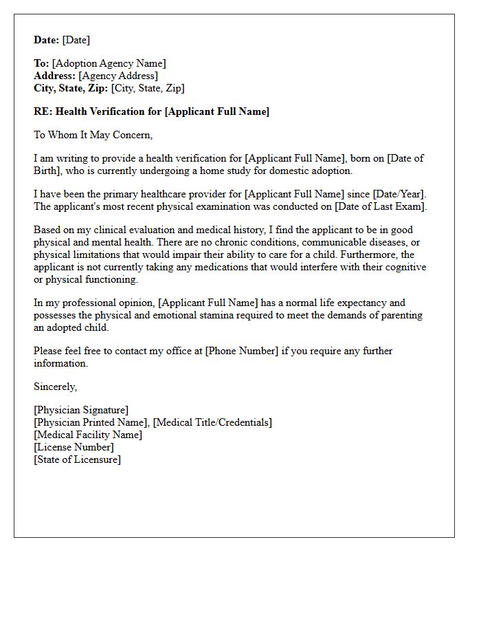 Domestic Adoption Health Verification Letter