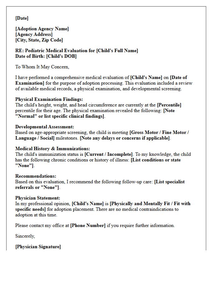 Pediatric Adoption Medical Evaluation Letter