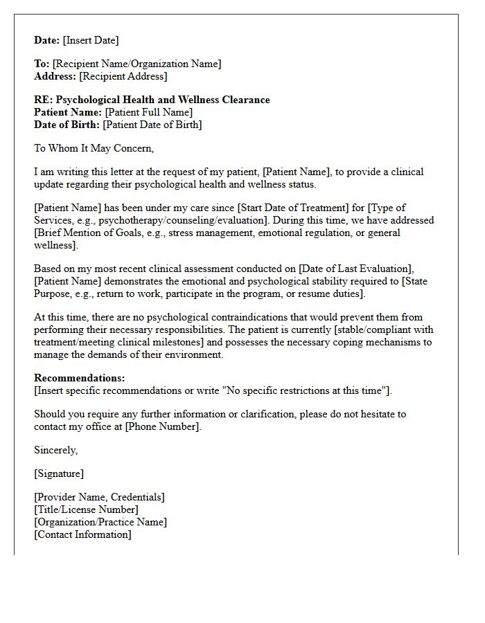 Psychological Health and Wellness Clearance Letter