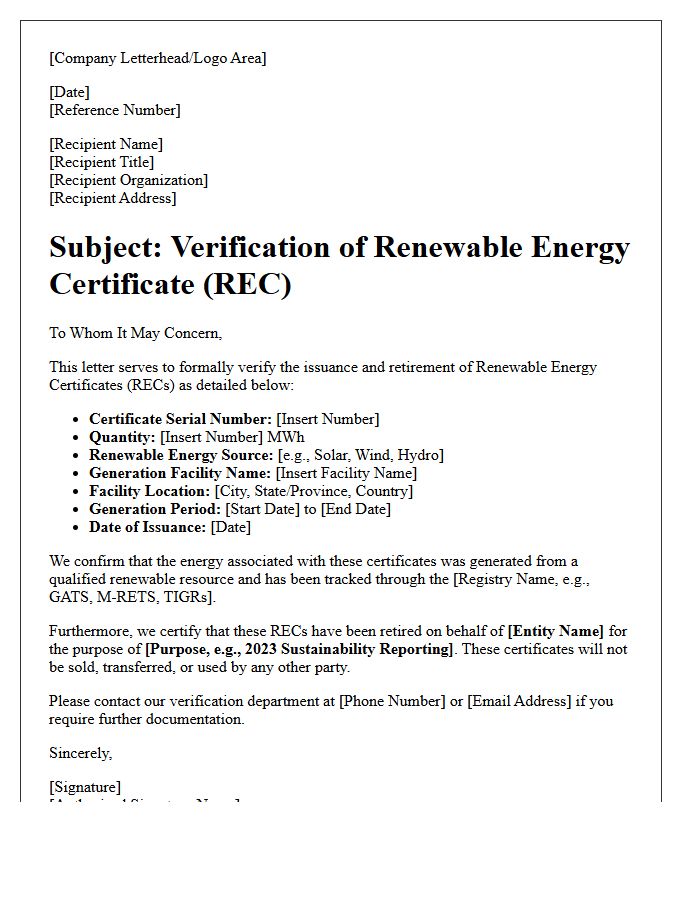 Renewable Energy Certificate Verification Letter