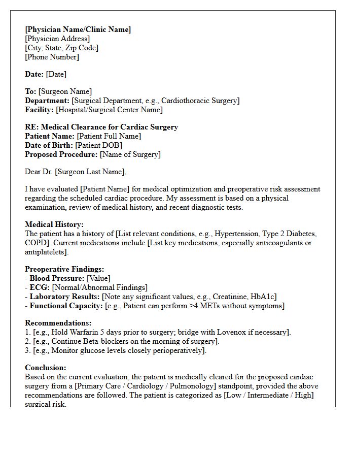 Standard Cardiac Surgery Medical Clearance Letter