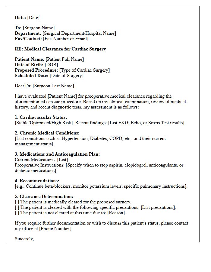 Preoperative Cardiac Surgery Medical Clearance Letter