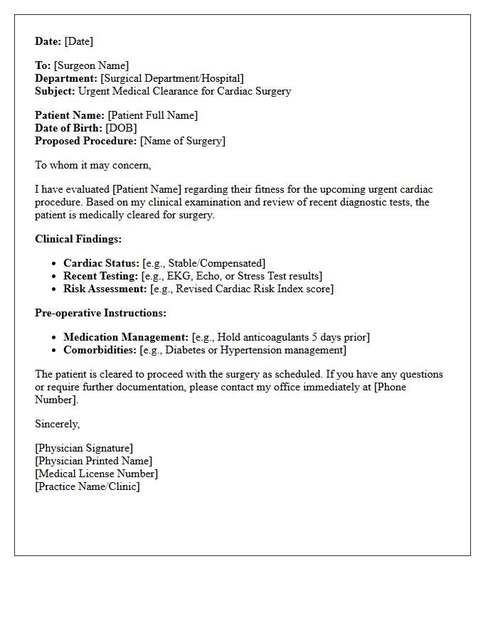 Urgent Cardiac Surgery Medical Clearance Letter