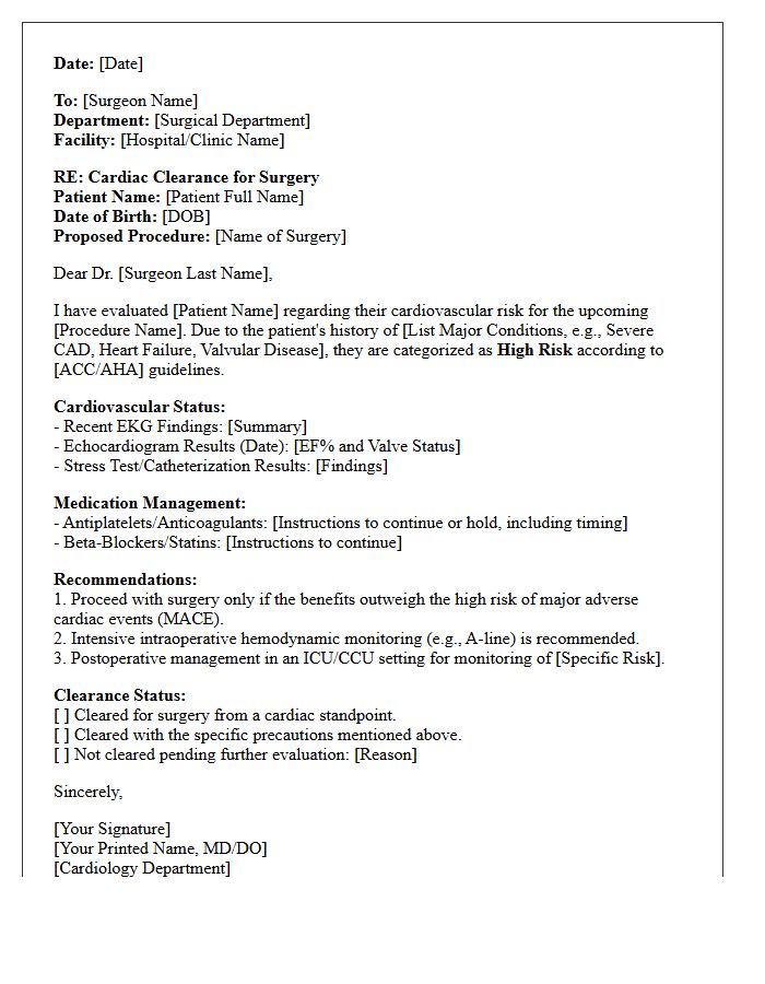 High-Risk Patient Cardiac Surgery Clearance Letter