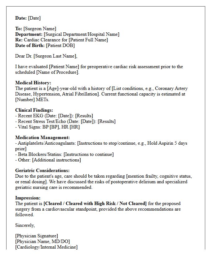 Geriatric Patient Cardiac Surgery Clearance Letter