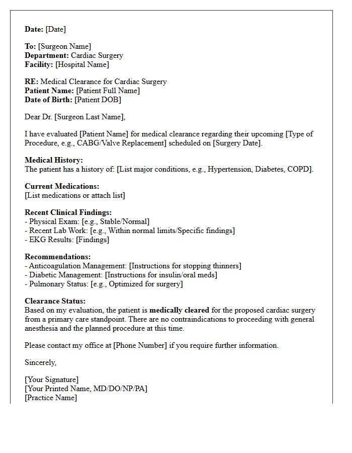 Primary Care Cardiac Surgery Medical Clearance Letter
