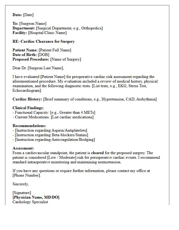 Cardiology Specialist Cardiac Surgery Clearance Letter