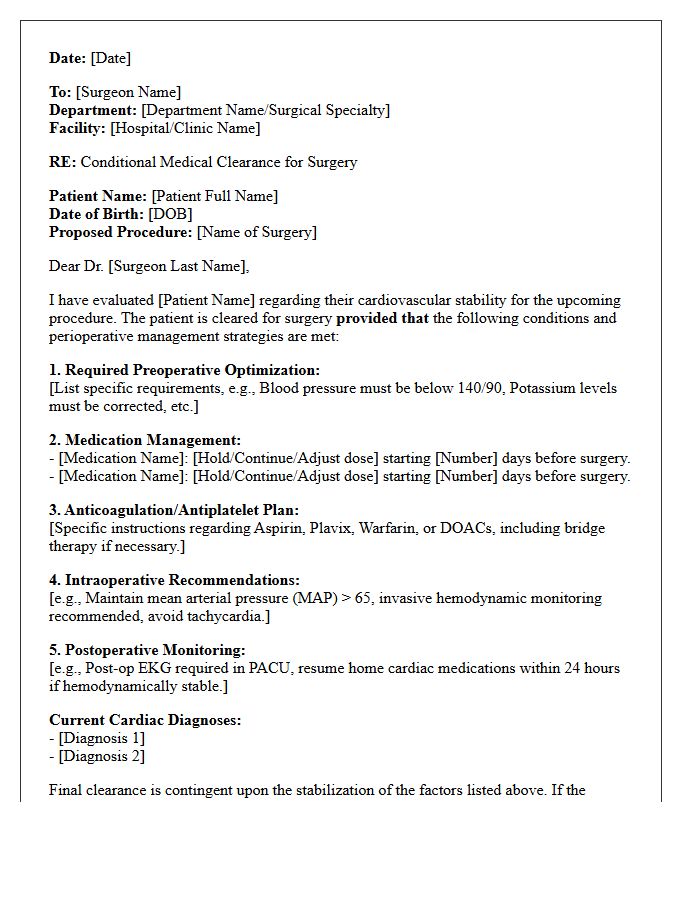 Conditional Cardiac Surgery Medical Clearance Letter