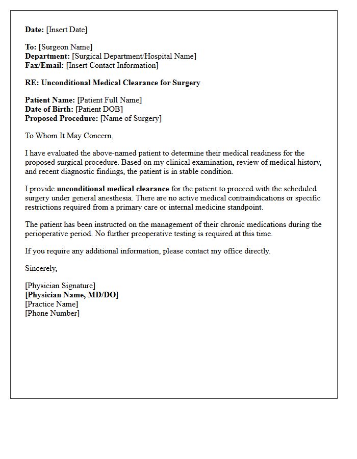 Unconditional Cardiac Surgery Medical Clearance Letter