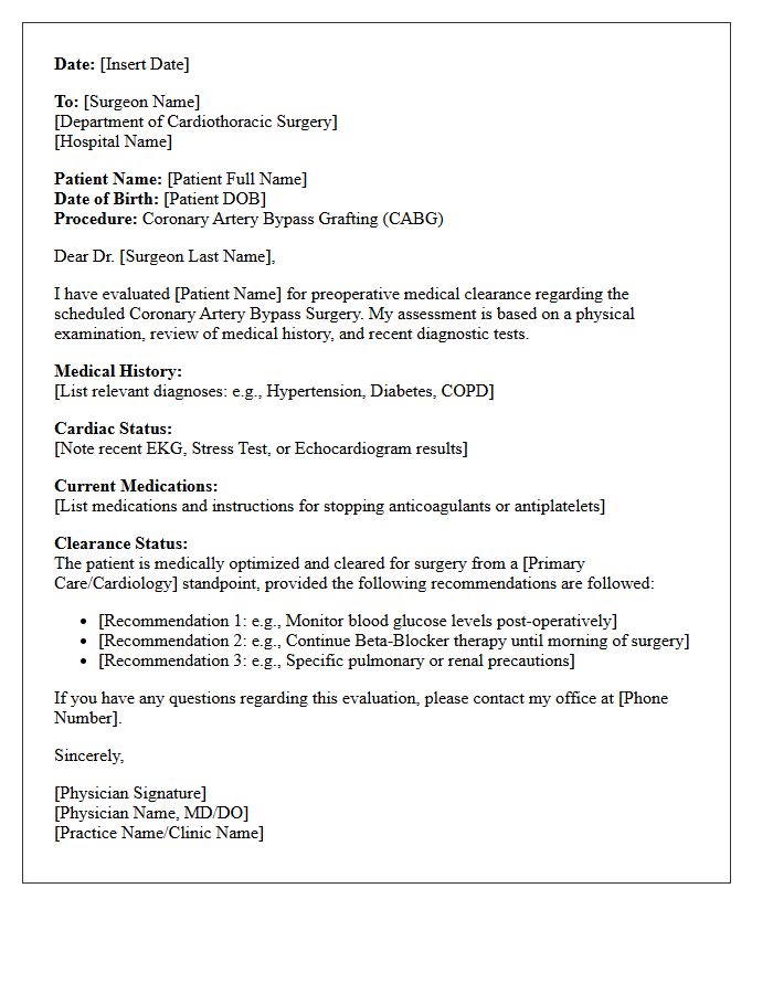 Coronary Artery Bypass Surgery Medical Clearance Letter